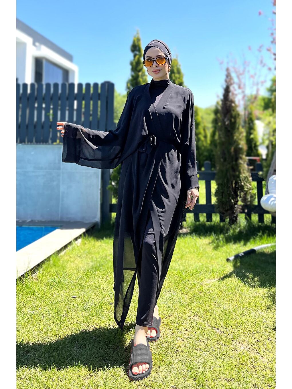 Remsa Mayo Siyah Tesettür Mayo Üzerine Tek Kaftan Kimono Pareo Düz Siyah RP004 Hatice