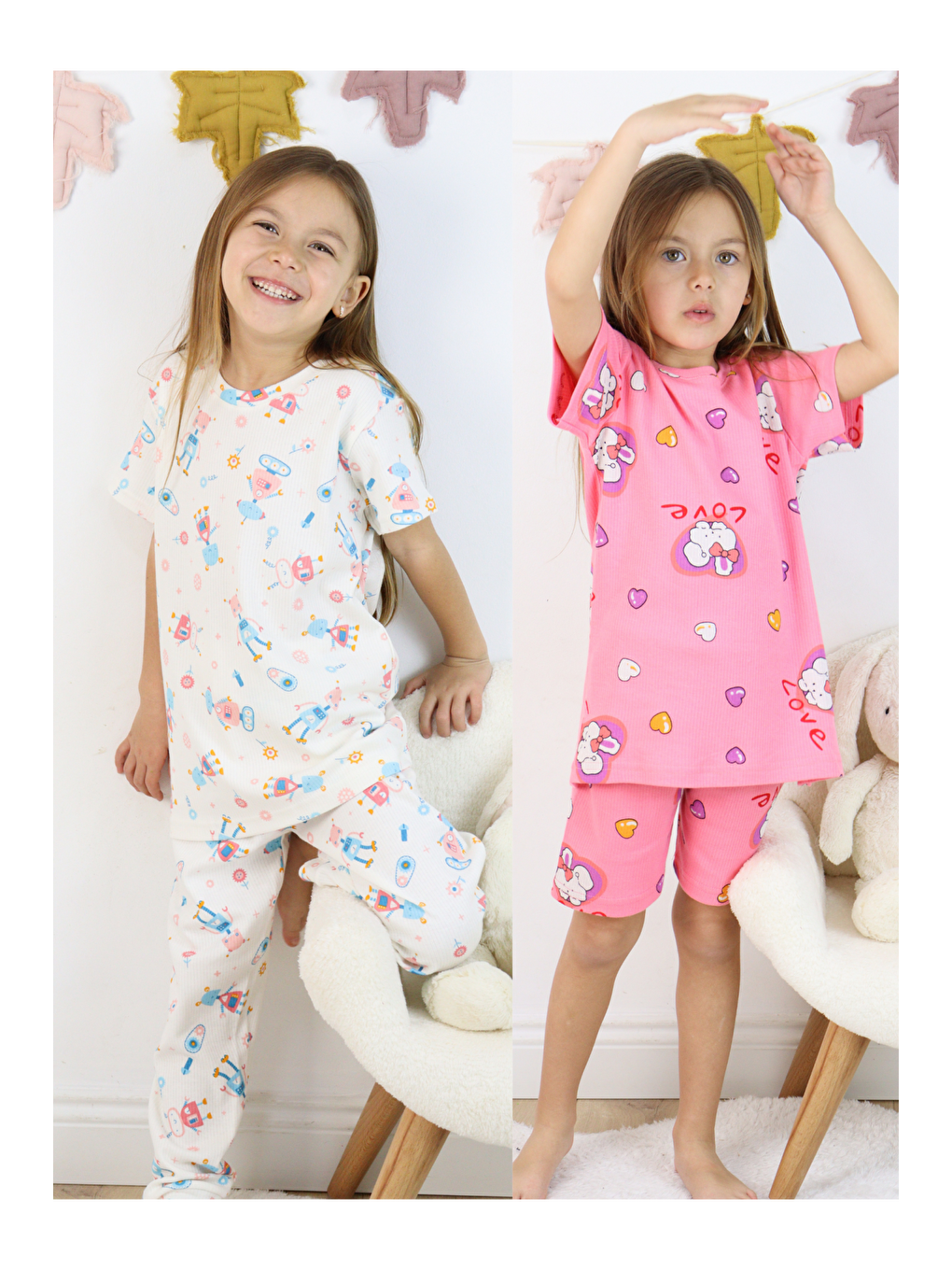 Beyaz Kız Çocuk Pamuklu Penye Kumaş 2'li Paket Pijama Takımı (2 Takım)-3