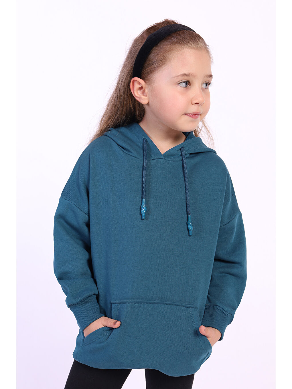 Petrol Kız Çocuk Kanguru Cepli Sweatshirt