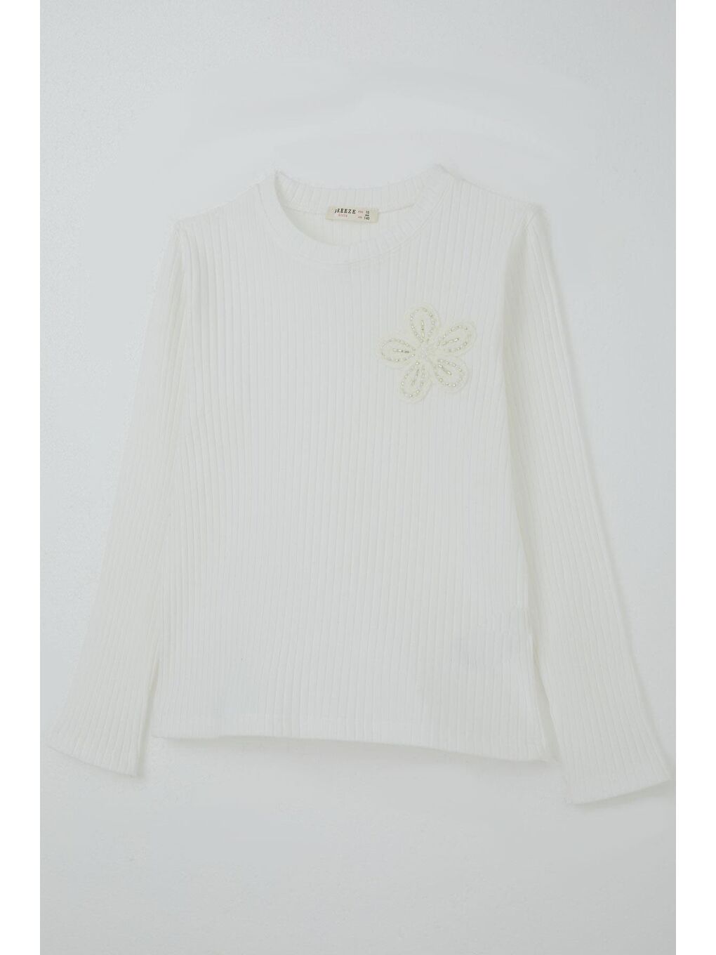 Kız Çocuk Uzun Kollu Tişört Boncuk İşlemeli Çiçek Arma Detaylı Beyaz (9-14 Yaş)-4
