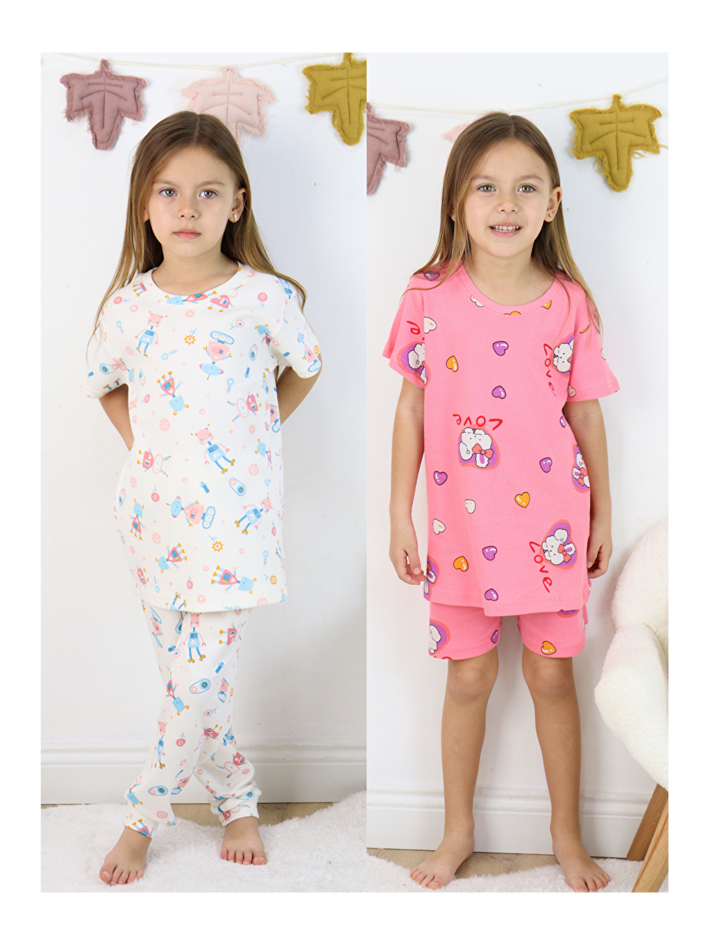 Beyaz Kız Çocuk Pamuklu Penye Kumaş 2'li Paket Pijama Takımı (2 Takım)-4