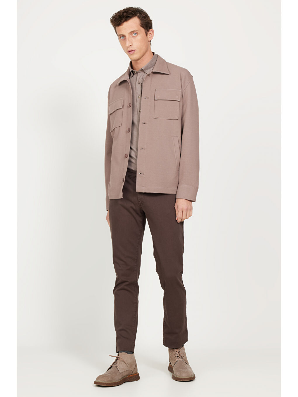 Erkek Koyu Bej Oversize Fit Bol Kesim Klasik Yaka Pamuklu Desenli Gömlek Ceket-1