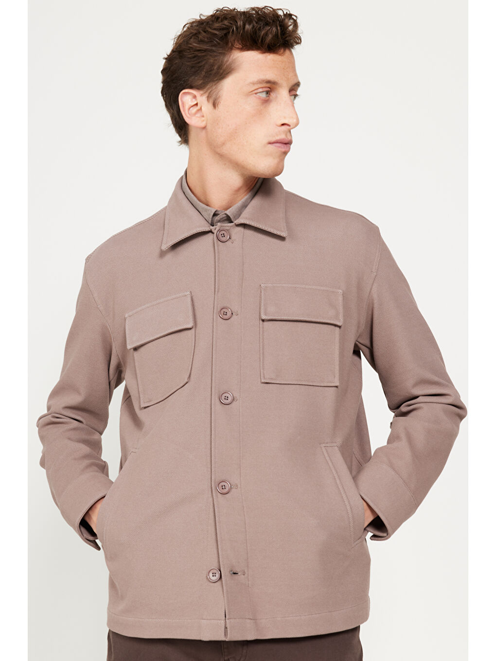 Erkek Koyu Bej Oversize Fit Bol Kesim Klasik Yaka Pamuklu Desenli Gömlek Ceket-2