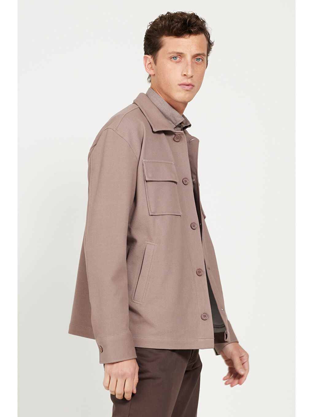 Erkek Koyu Bej Oversize Fit Bol Kesim Klasik Yaka Pamuklu Desenli Gömlek Ceket-3