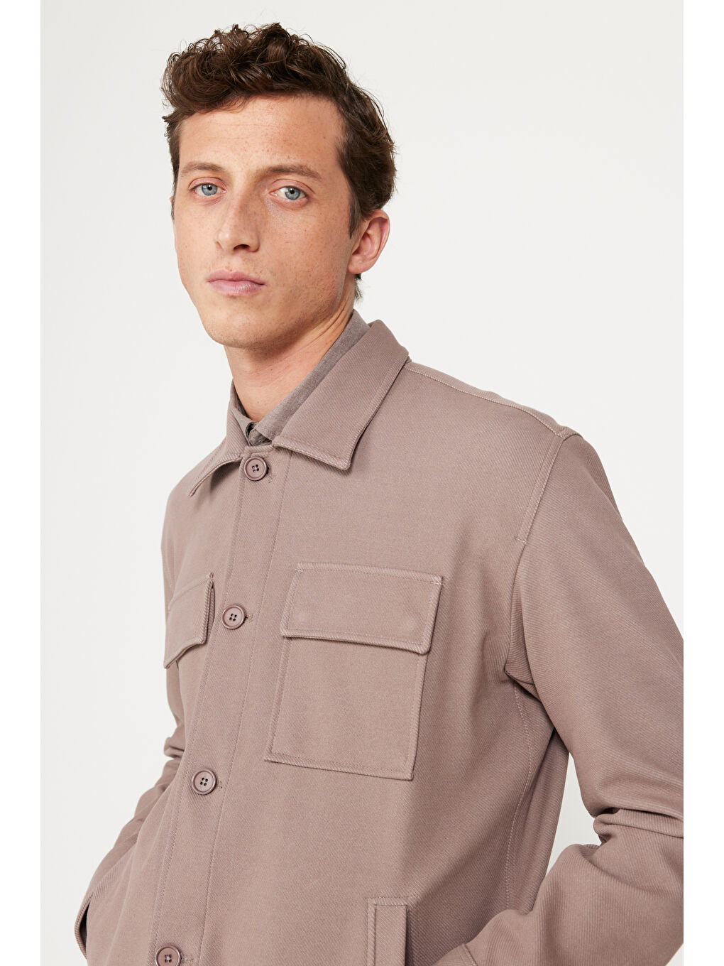 Erkek Koyu Bej Oversize Fit Bol Kesim Klasik Yaka Pamuklu Desenli Gömlek Ceket-5