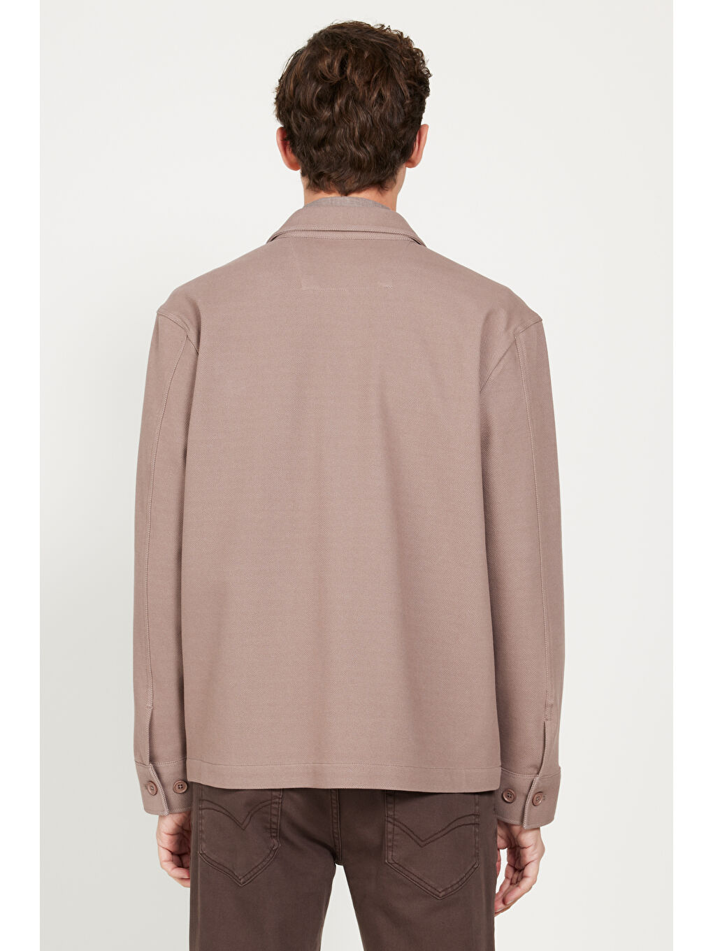 Erkek Koyu Bej Oversize Fit Bol Kesim Klasik Yaka Pamuklu Desenli Gömlek Ceket-6