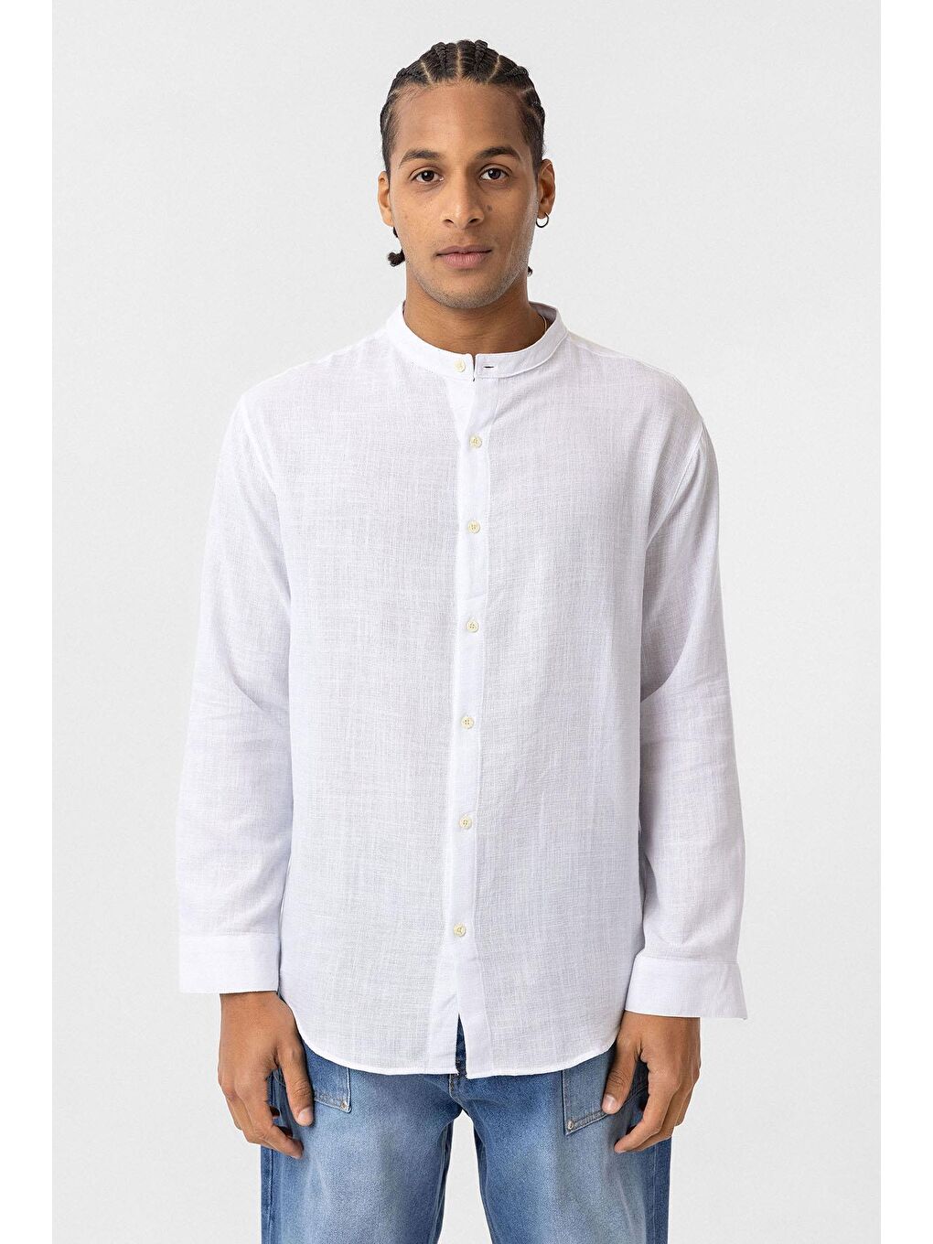 Hakim Yaka Oversize Uzun Kollu Pamuk Keten Gömlek Ekru-1