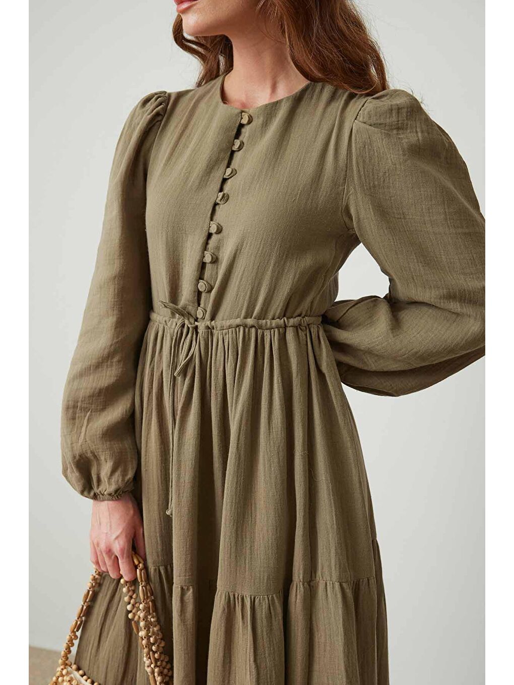 Bej Önden Düğmeli Vizon Müslin Elbise-1