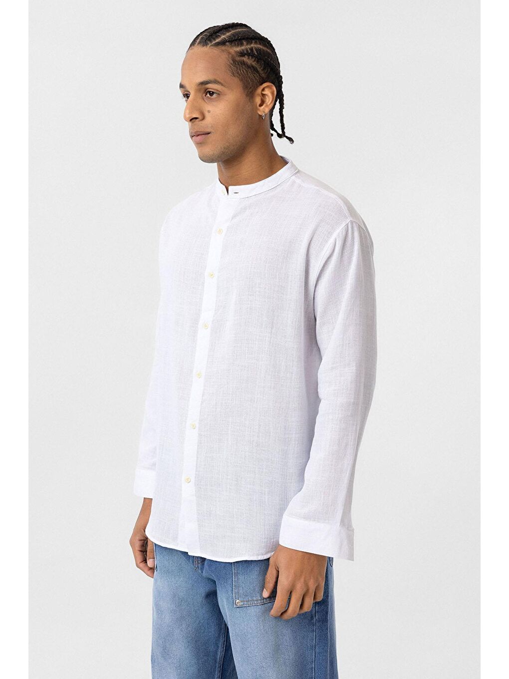 Hakim Yaka Oversize Uzun Kollu Pamuk Keten Gömlek Ekru-2