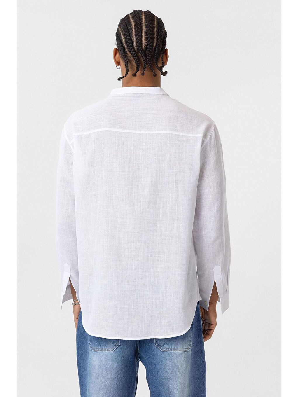 Hakim Yaka Oversize Uzun Kollu Pamuk Keten Gömlek Ekru-3