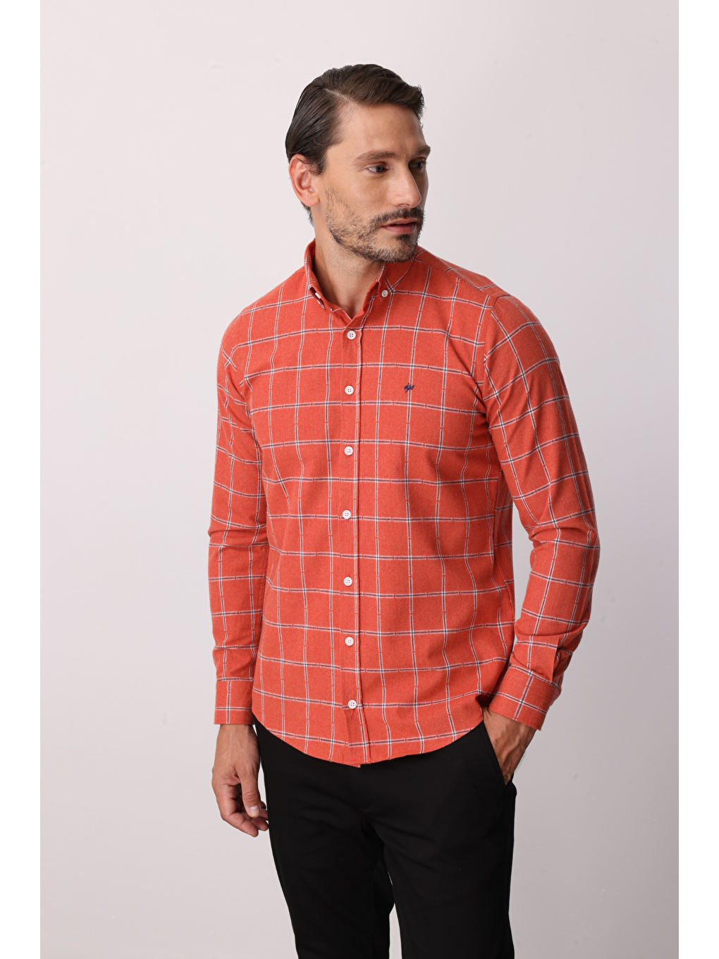 Turuncu Dynamic Fit Düğmeli Yaka Ekose Uzun Kollu Pamuklu Gömlek-1