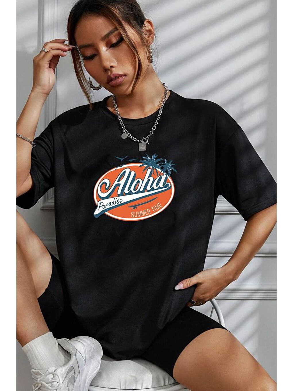 Siyah Unisex Aloha Baskılı T-shirt