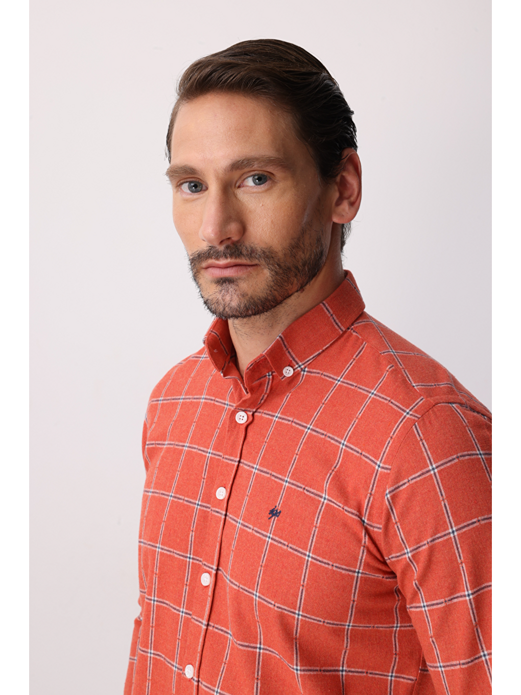 Turuncu Dynamic Fit Düğmeli Yaka Ekose Uzun Kollu Pamuklu Gömlek-2