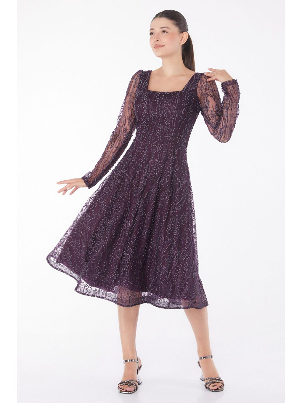 Orta Kadın Mürdüm Uzun Kollu Midi Elbse - 25104-1