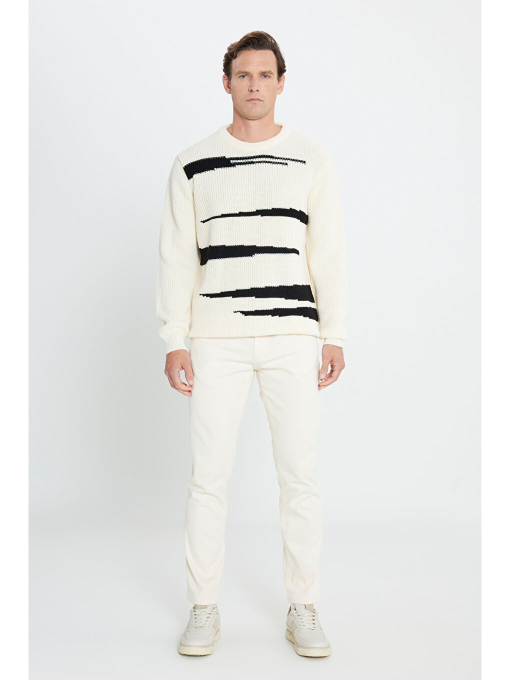 Lila Erkek Ekru-Siyah Oversize Bol Kesim Bisiklet Yaka Desenli Triko Kazak-1