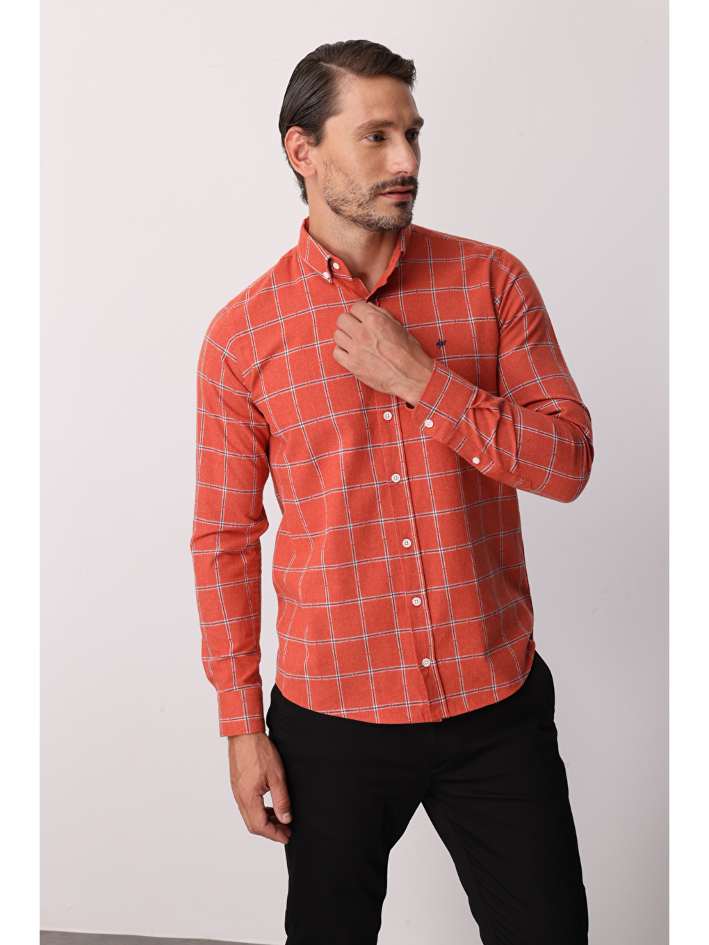 Turuncu Dynamic Fit Düğmeli Yaka Ekose Uzun Kollu Pamuklu Gömlek-3