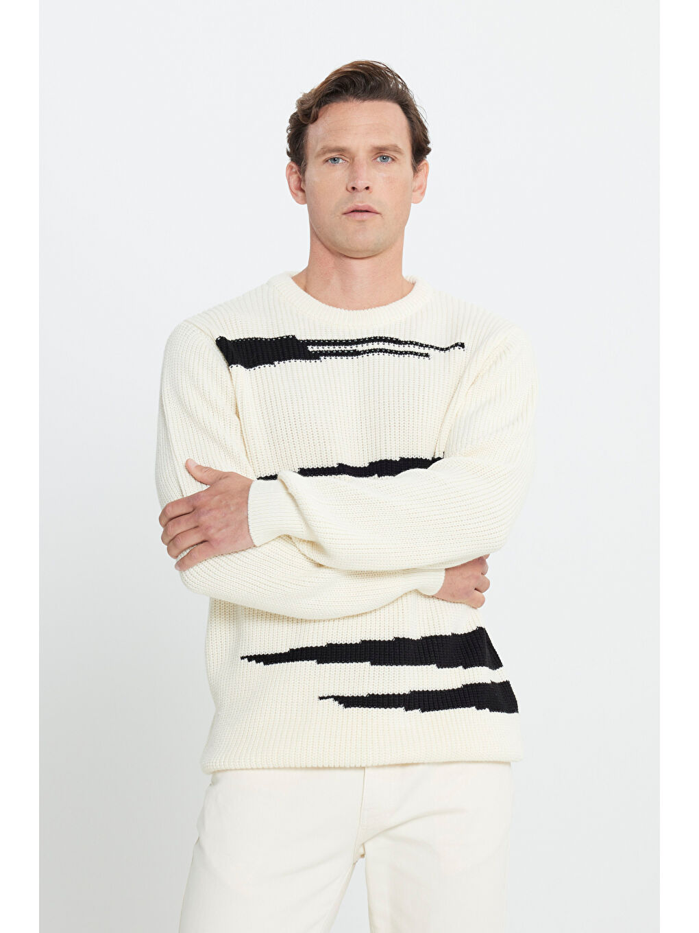 Lila Erkek Ekru-Siyah Oversize Bol Kesim Bisiklet Yaka Desenli Triko Kazak-2