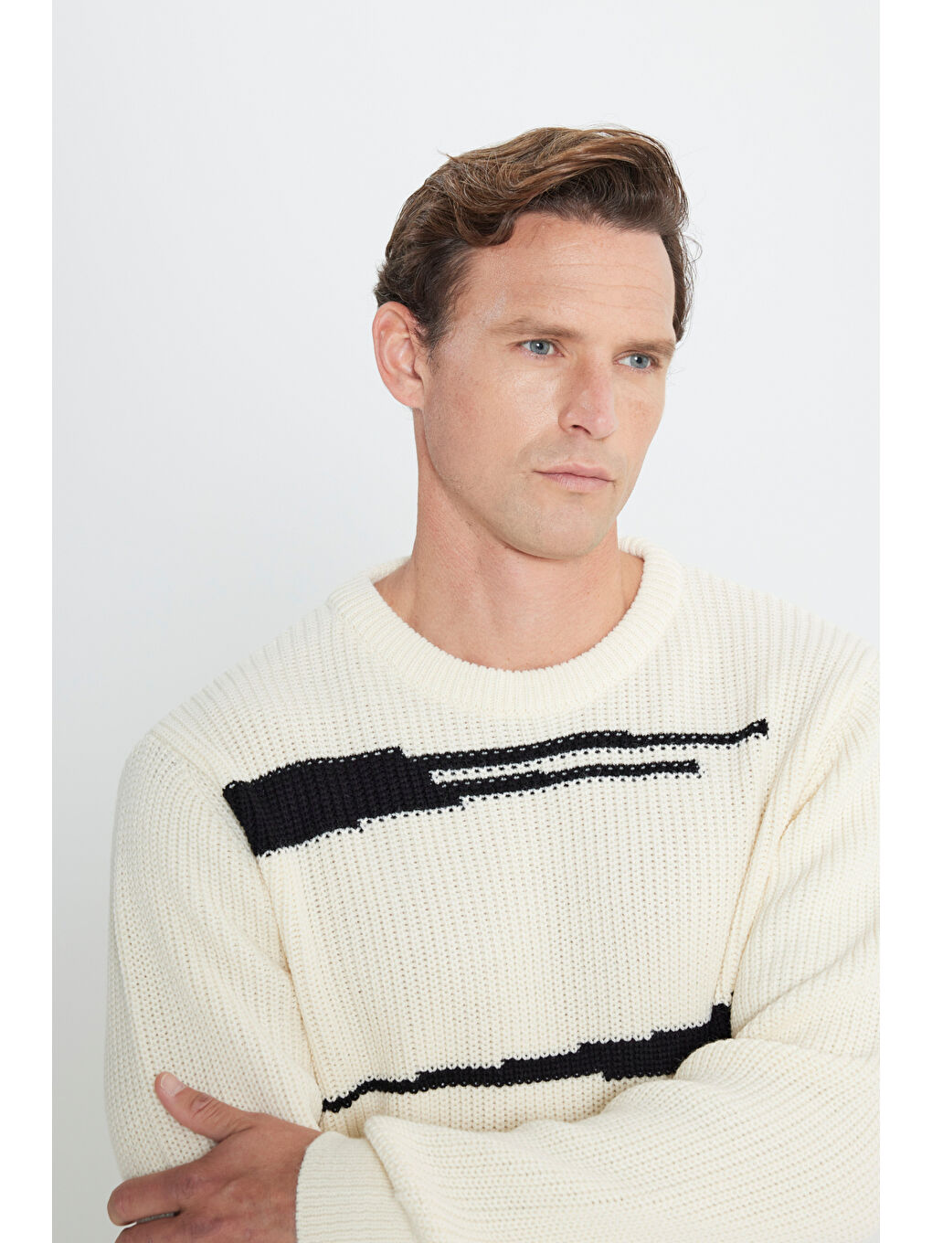 Lila Erkek Ekru-Siyah Oversize Bol Kesim Bisiklet Yaka Desenli Triko Kazak-3