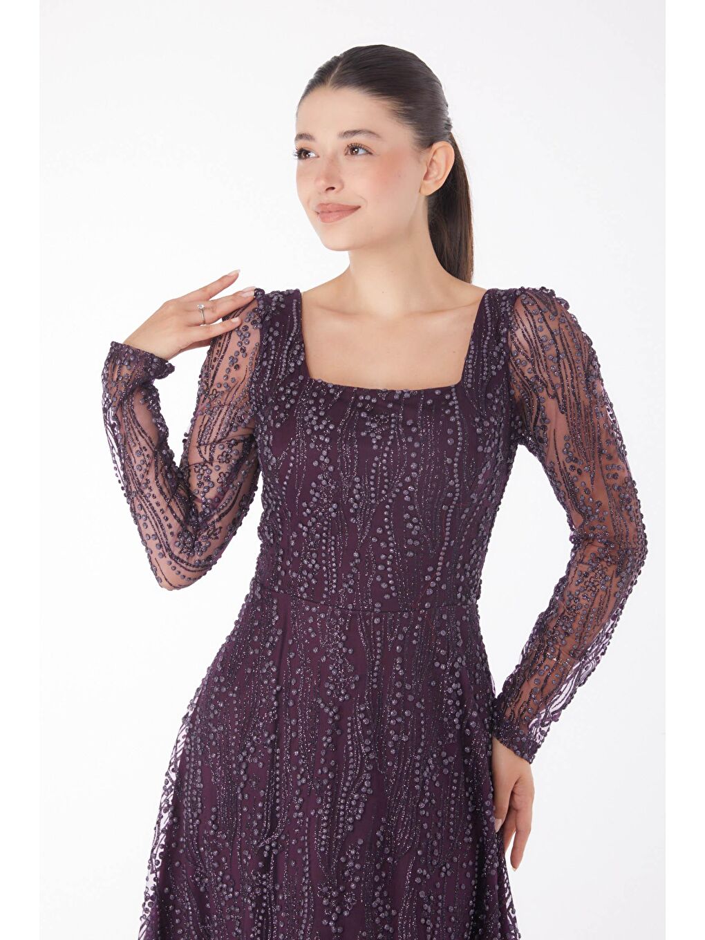 Orta Kadın Mürdüm Uzun Kollu Midi Elbse - 25104-2