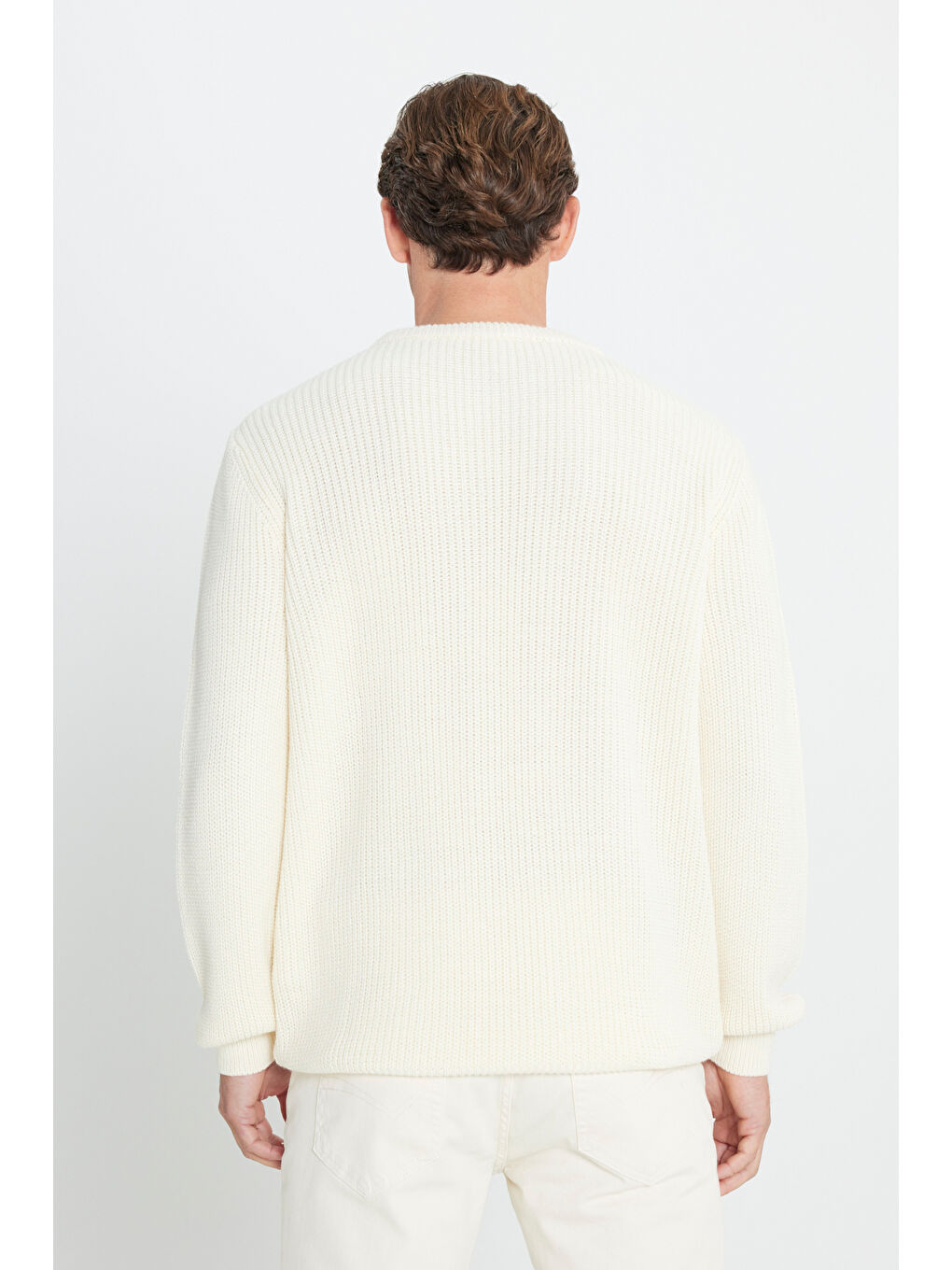 Lila Erkek Ekru-Siyah Oversize Bol Kesim Bisiklet Yaka Desenli Triko Kazak-4