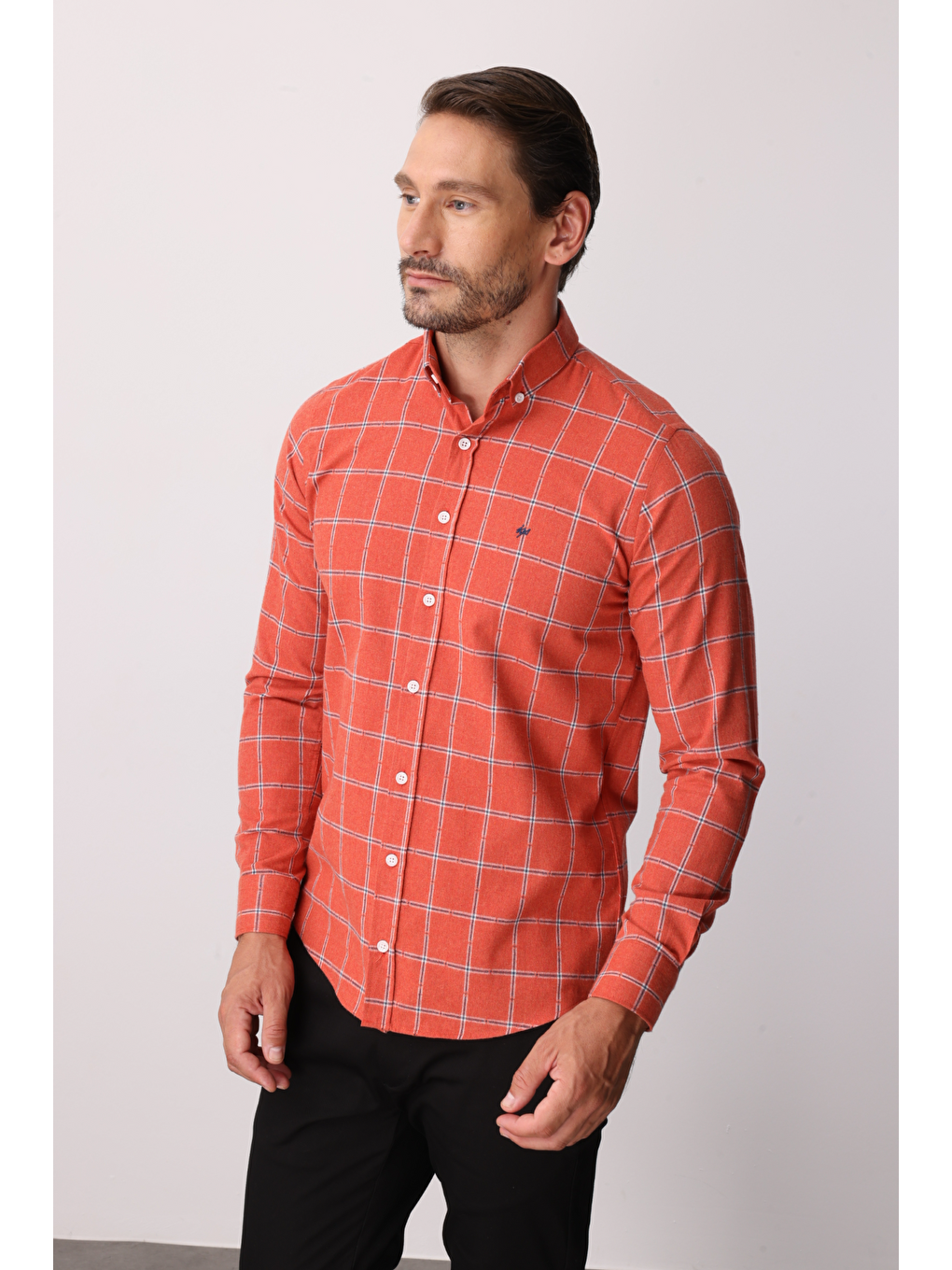 Turuncu Dynamic Fit Düğmeli Yaka Ekose Uzun Kollu Pamuklu Gömlek-4