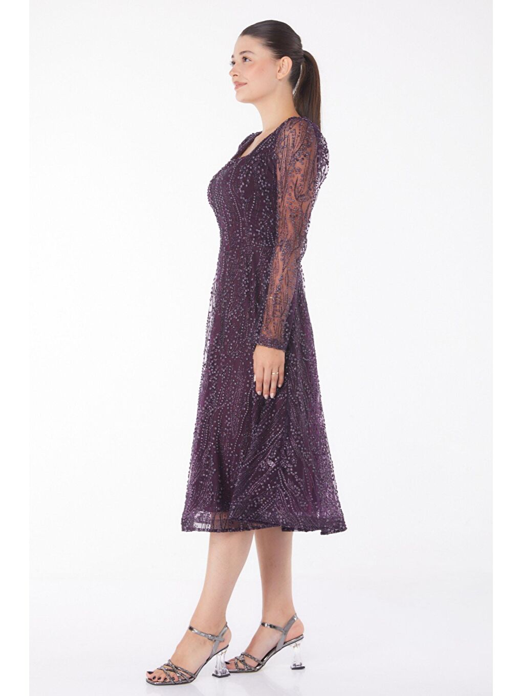 Orta Kadın Mürdüm Uzun Kollu Midi Elbse - 25104-3