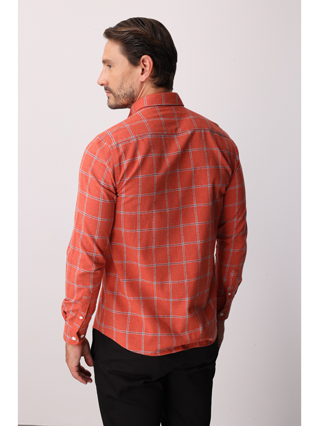 Turuncu Dynamic Fit Düğmeli Yaka Ekose Uzun Kollu Pamuklu Gömlek-5