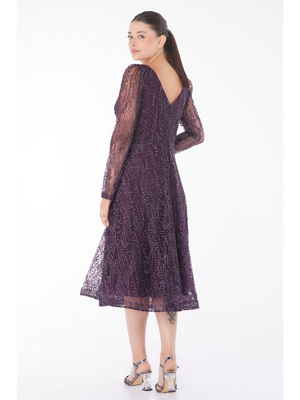 Orta Kadın Mürdüm Uzun Kollu Midi Elbse - 25104-4