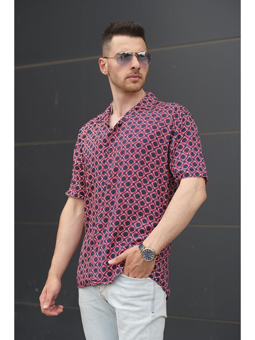 Bordo Kurtis Apaj Yaka Kare Oval Desenli Gömlek