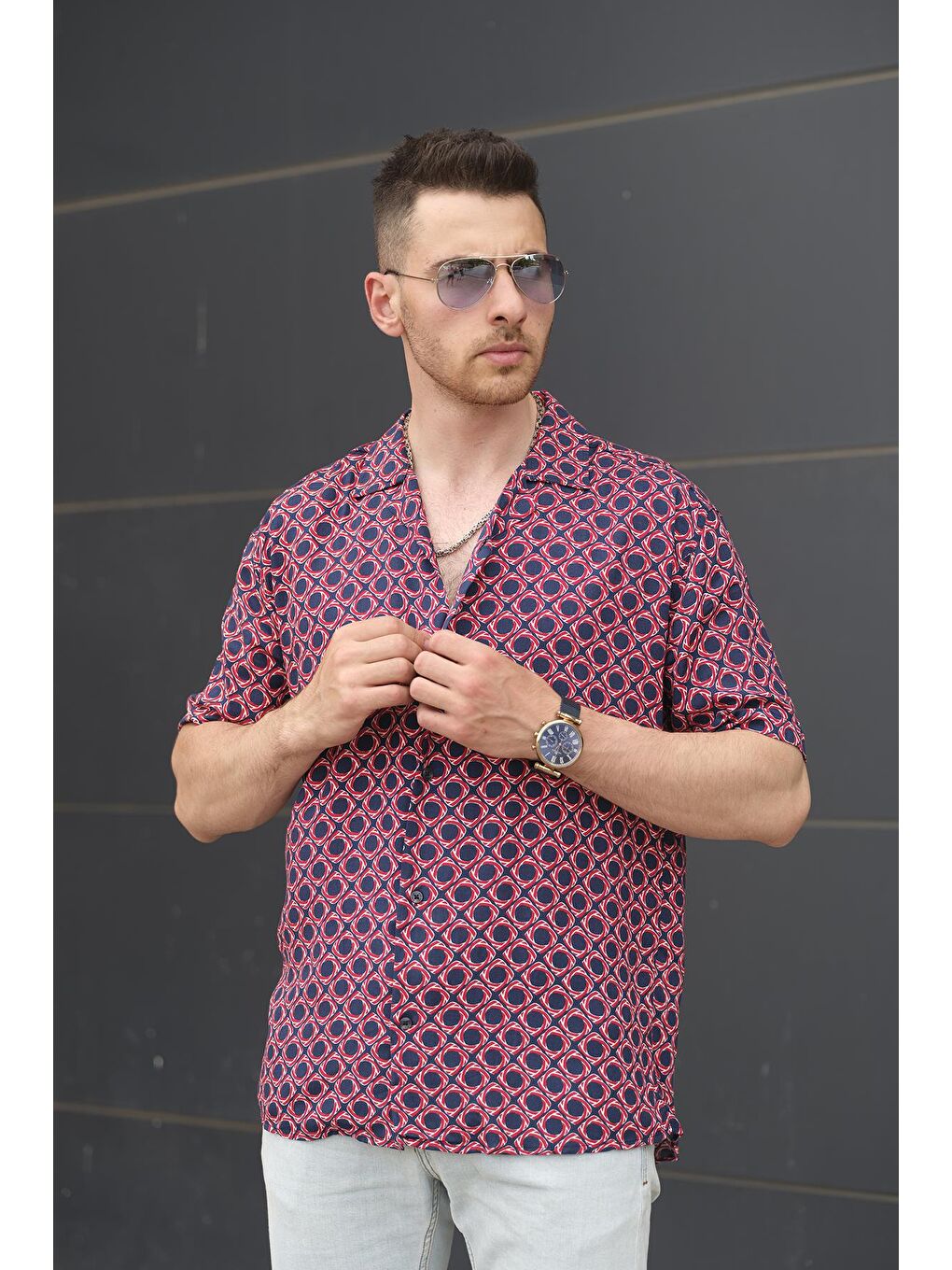 Bordo Kurtis Apaj Yaka Kare Oval Desenli Gömlek-1