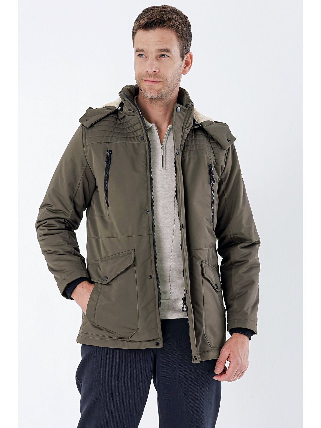 Kahverengi Koyu Vizon Gabardin Hakim Yaka Astarlı Slim Fit Dar Kesim Klasik Kaban 1008235157