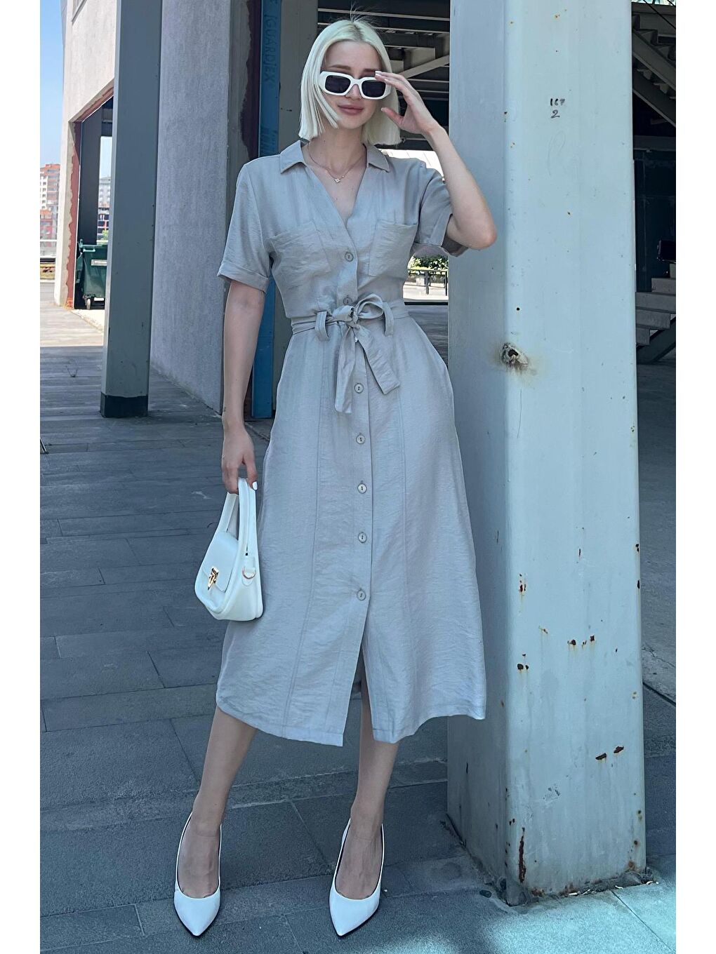 Boyalı Gri Gömlek Yaka Cep Detaylı Düğmeli Uzun Elbise Mg2083