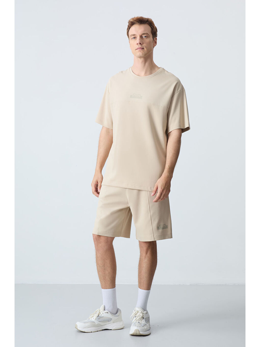 Bej Pamuklu Kalın Yumuşak Dokulu Oversize Fit Basic Erkek Şort Takım - 85259