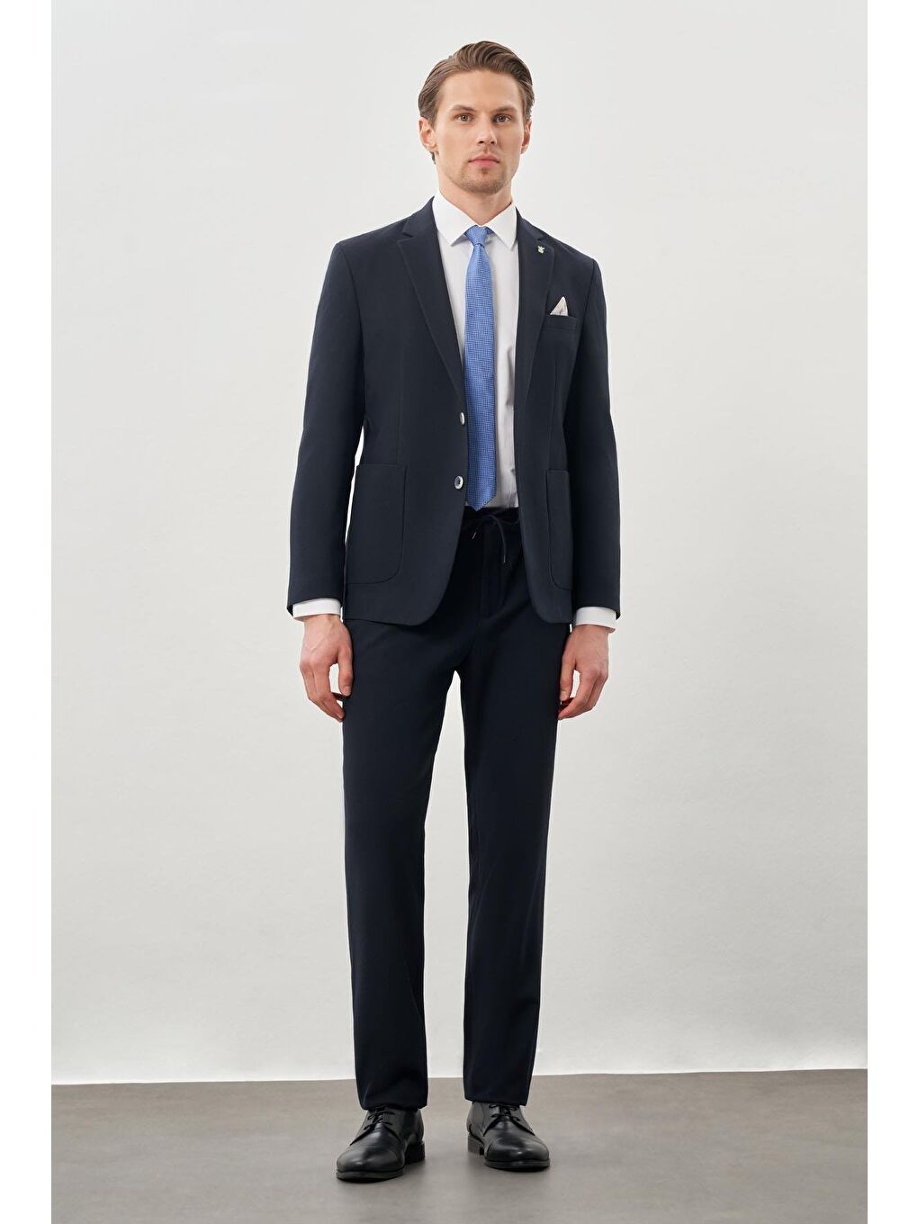 Koyu Lacivert Gofreli Mono Yaka Beli Lastikli Esnek 6 Drop Slim Fit Takım Elbise 1001245270