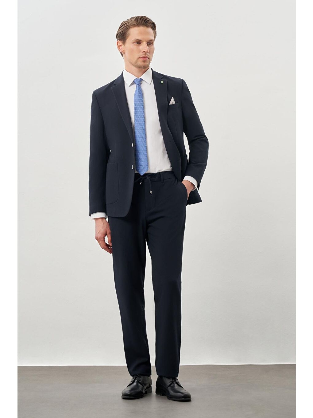 Koyu Lacivert Gofreli Mono Yaka Beli Lastikli Esnek 6 Drop Slim Fit Takım Elbise 1001245270-1