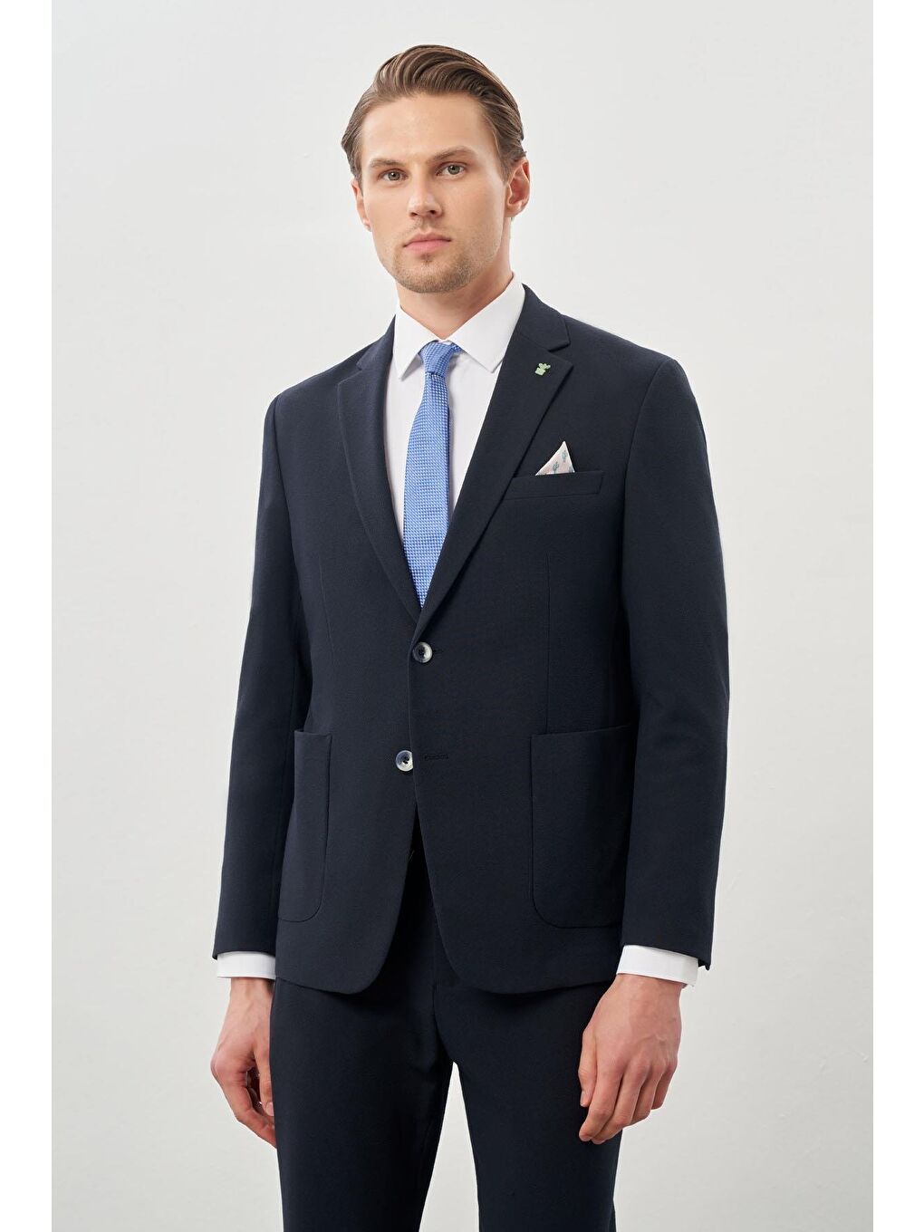 Koyu Lacivert Gofreli Mono Yaka Beli Lastikli Esnek 6 Drop Slim Fit Takım Elbise 1001245270-2