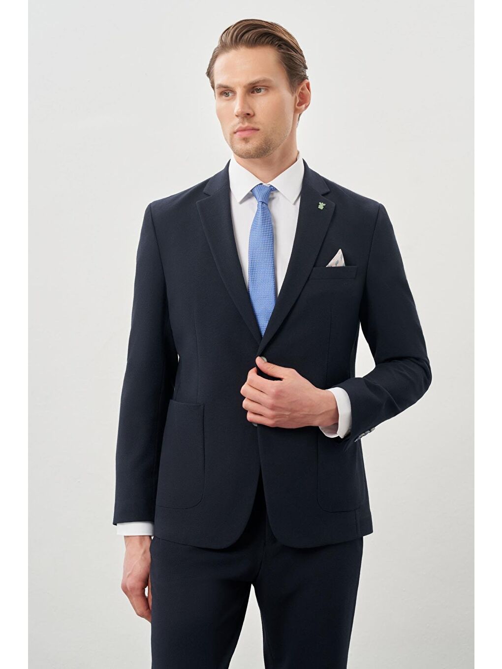 Koyu Lacivert Gofreli Mono Yaka Beli Lastikli Esnek 6 Drop Slim Fit Takım Elbise 1001245270-3