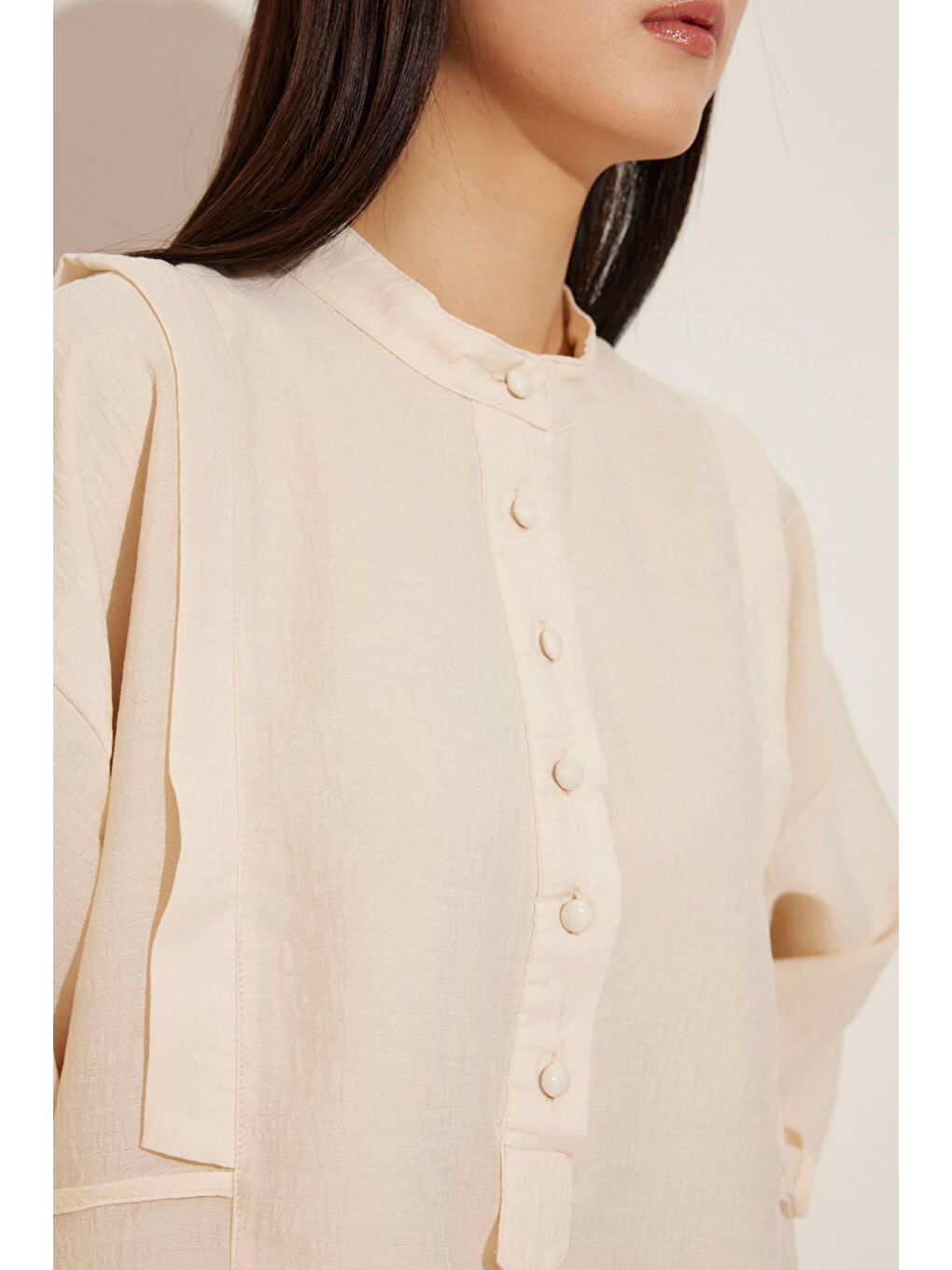 Aller Kol Detaylı Dokulu Bej Elbise-4