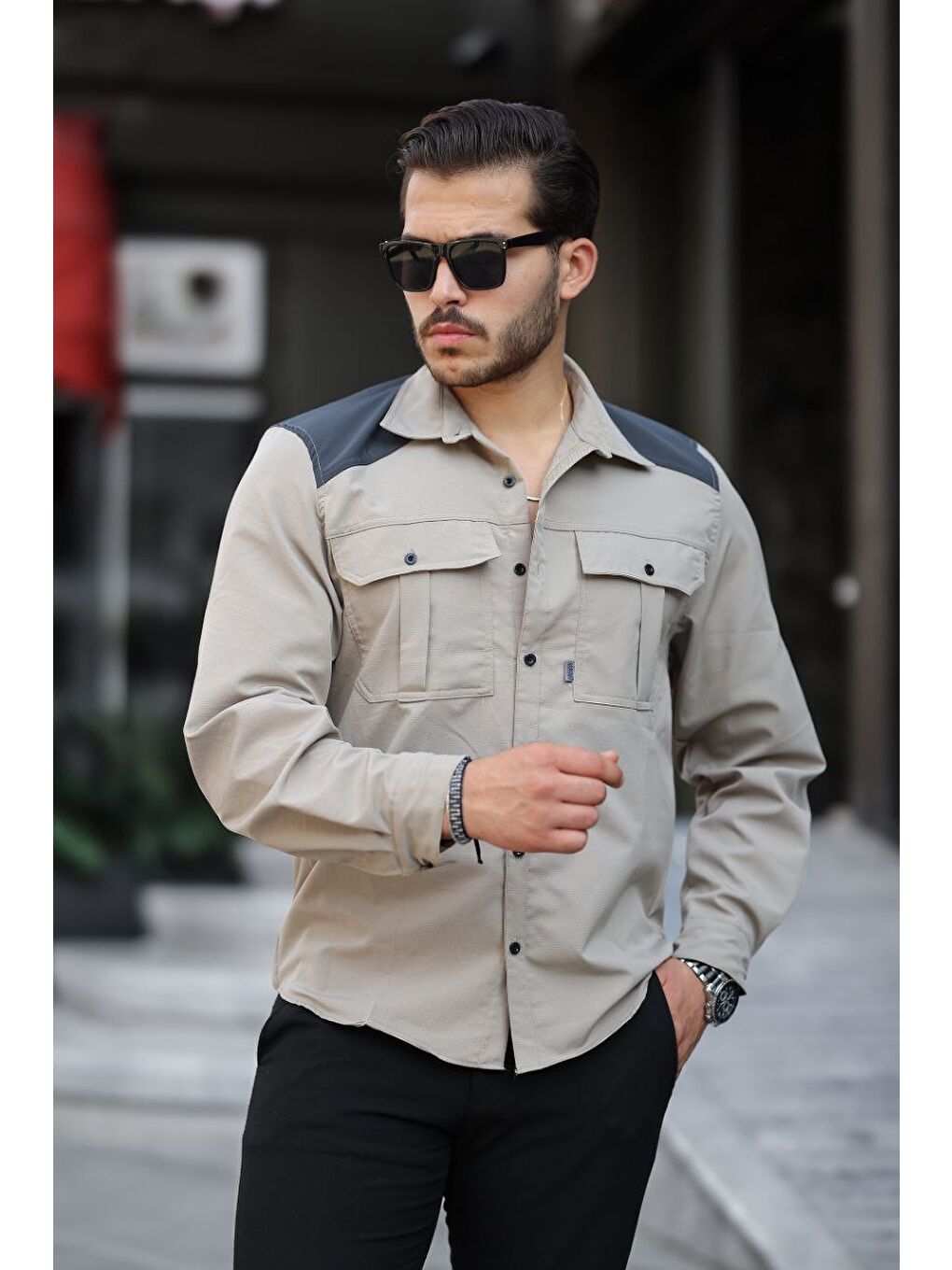 Bej Paraşüt Kumaş Arka Patlı Gömlek