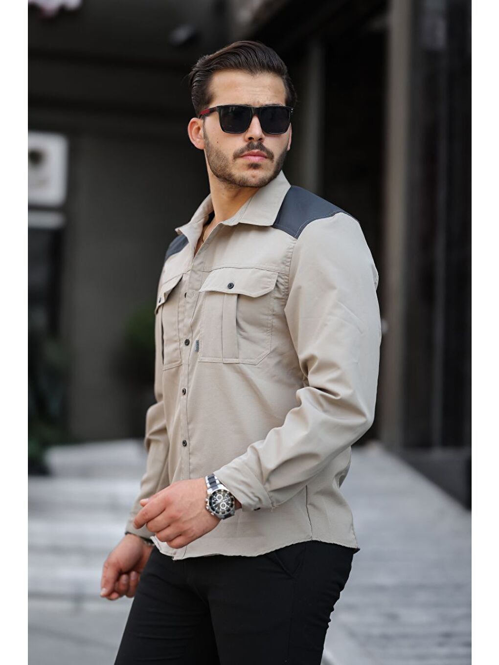 Bej Paraşüt Kumaş Arka Patlı Gömlek-2