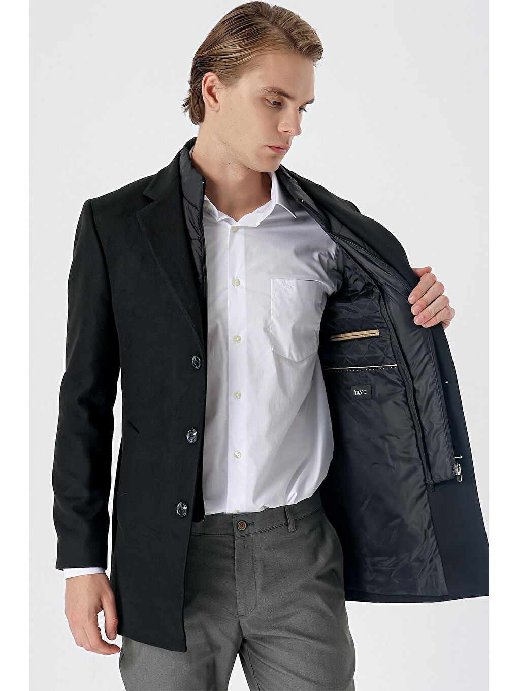 Siyah Kaşe Mono Yaka Kapitoneli Astar Slim Fit Dar Kesim Klasik Kaban 1008235167-1