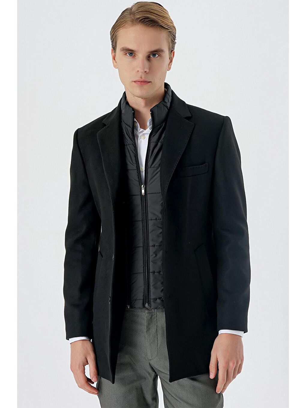 Siyah Kaşe Mono Yaka Kapitoneli Astar Slim Fit Dar Kesim Klasik Kaban 1008235167-2