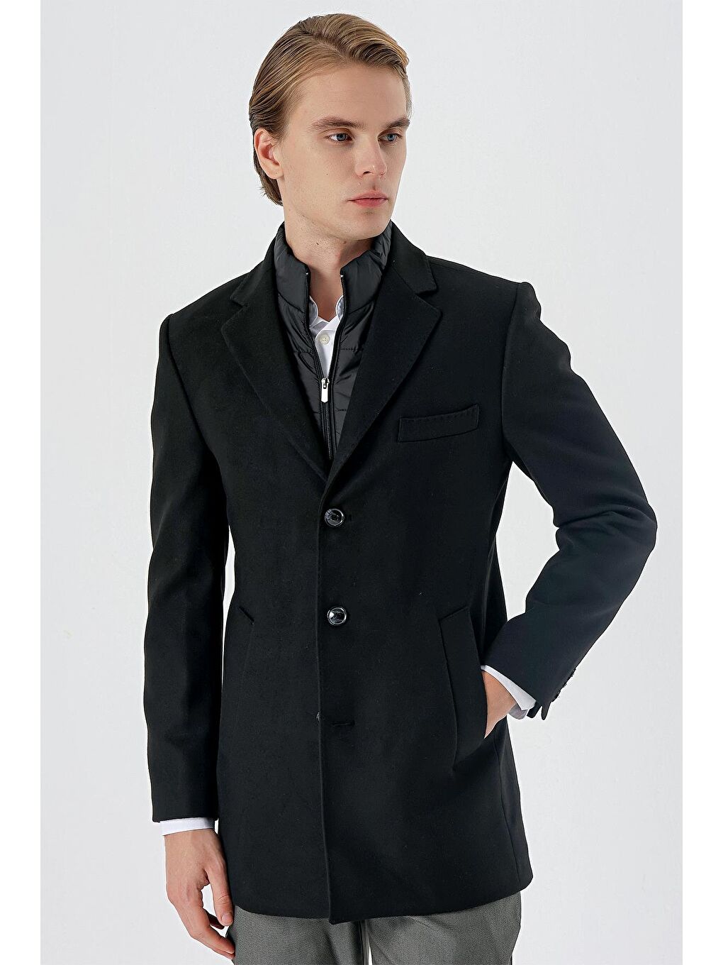 Siyah Kaşe Mono Yaka Kapitoneli Astar Slim Fit Dar Kesim Klasik Kaban 1008235167-4