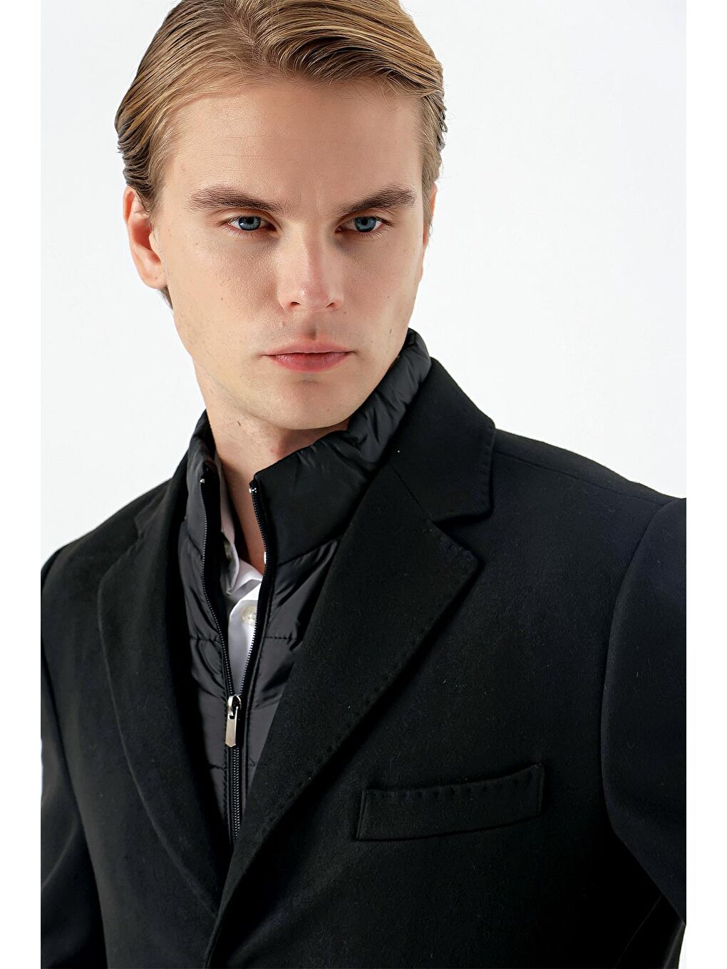 Siyah Kaşe Mono Yaka Kapitoneli Astar Slim Fit Dar Kesim Klasik Kaban 1008235167-5