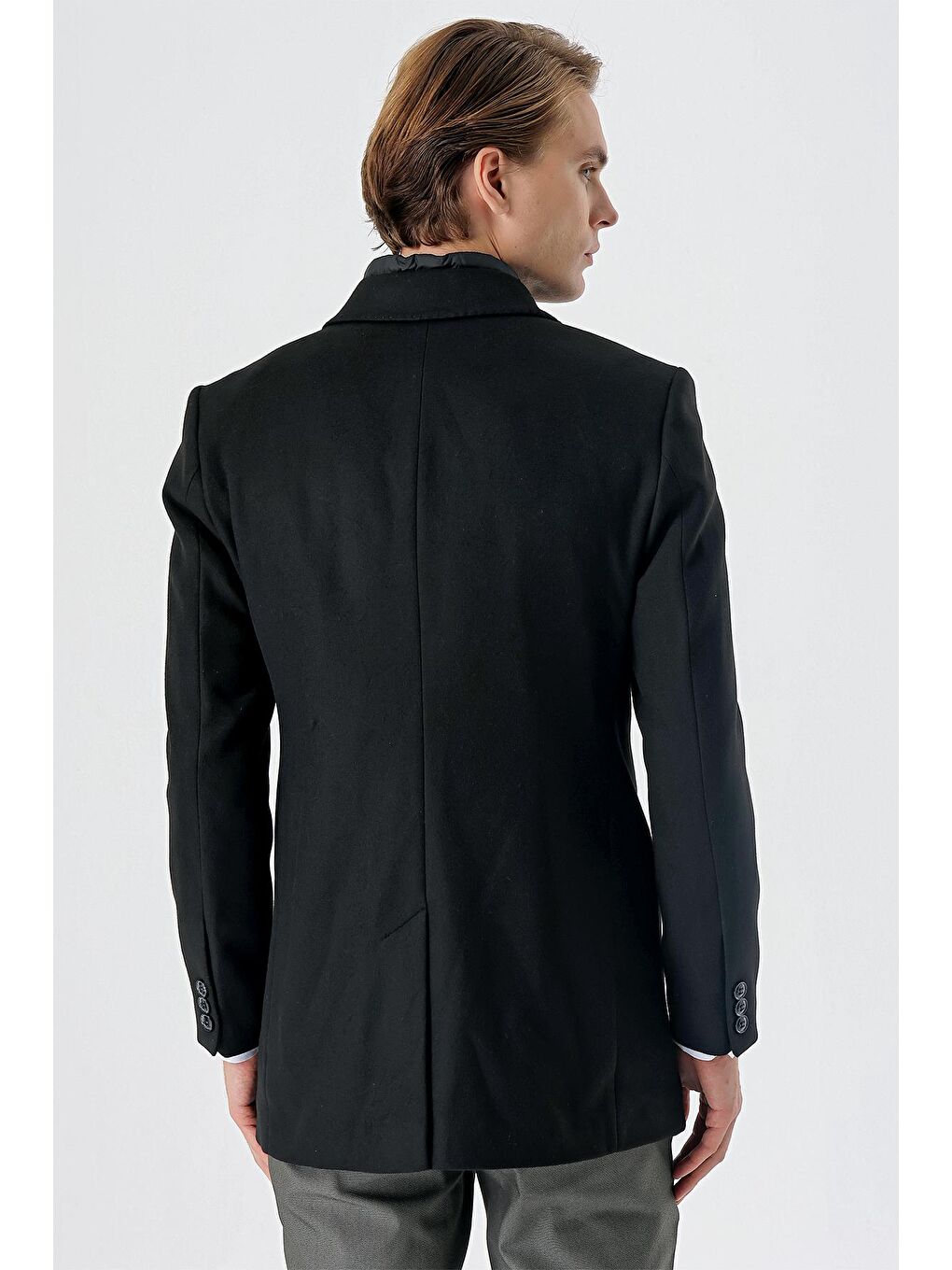 Siyah Kaşe Mono Yaka Kapitoneli Astar Slim Fit Dar Kesim Klasik Kaban 1008235167-6