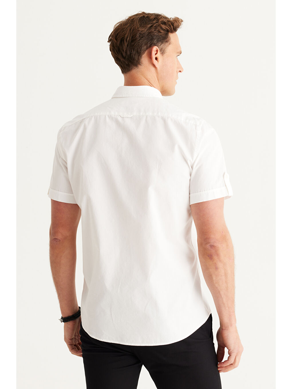 Erkek Beyaz Slim Fit Dar Kesim Düğmeli Yaka Pamuklu Keten Gömlek-5