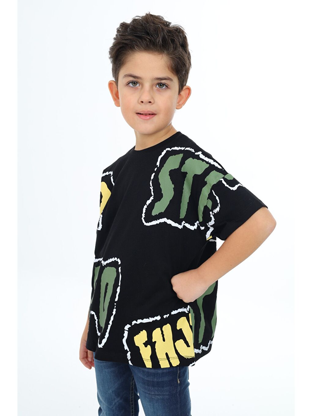 Siyah Erkek Çocuk Baskılı Tişört-1