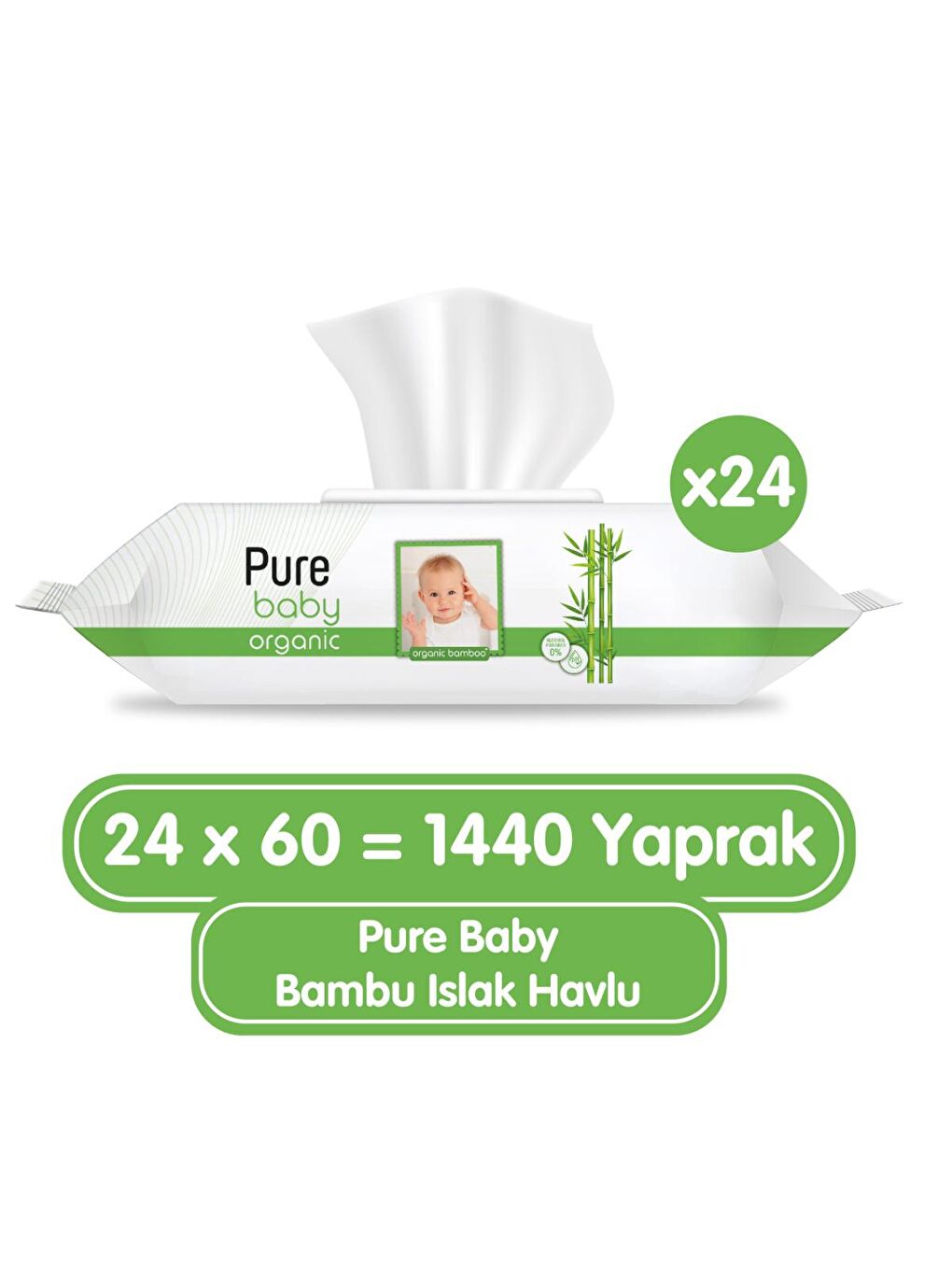 Pure Baby Renksiz Organik Bambu Özlü Islak Havlu 24×60 (1440 Yaprak)