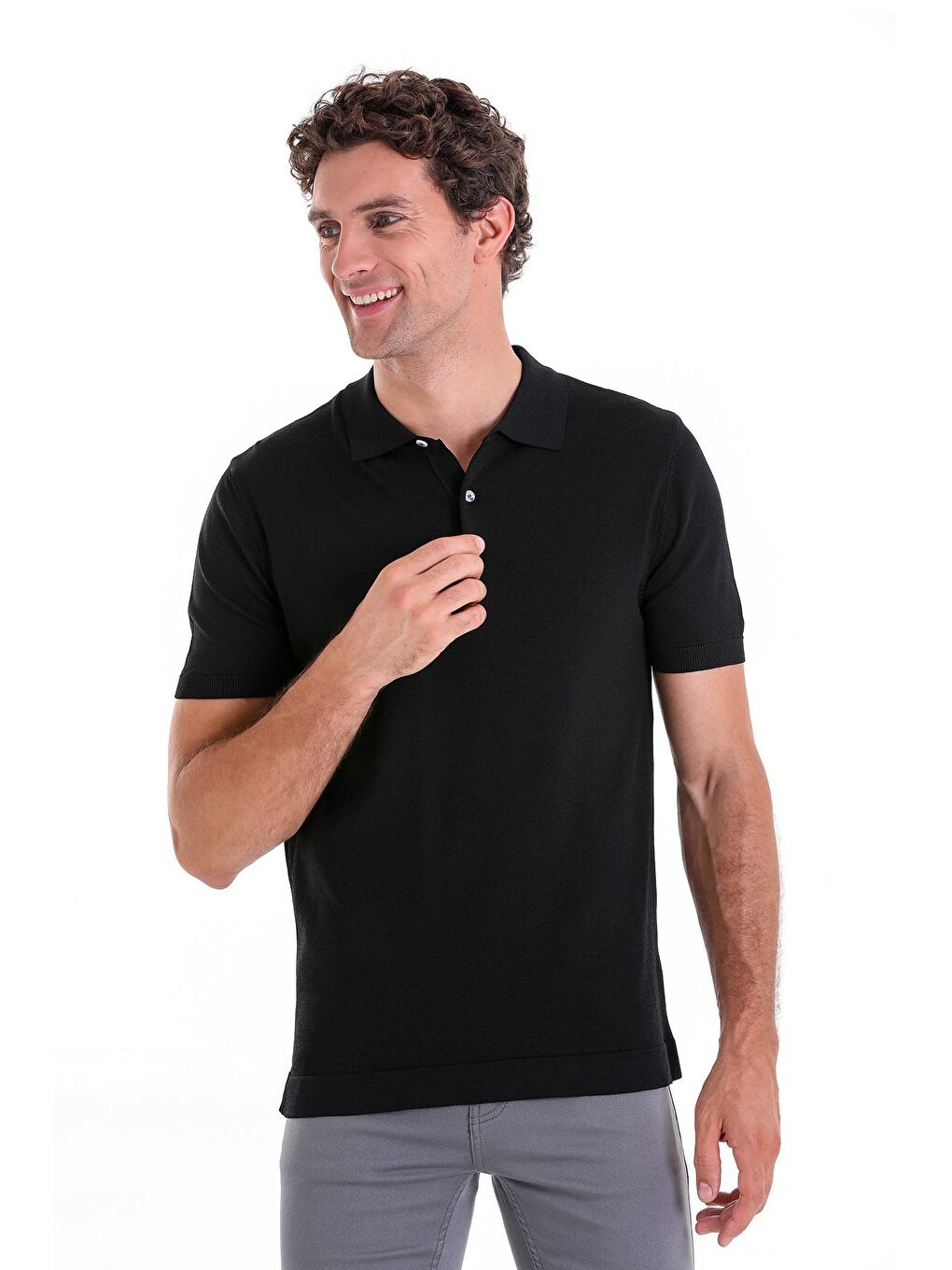 Siyah Regular Fit Düz Polo Yaka Tişört-1