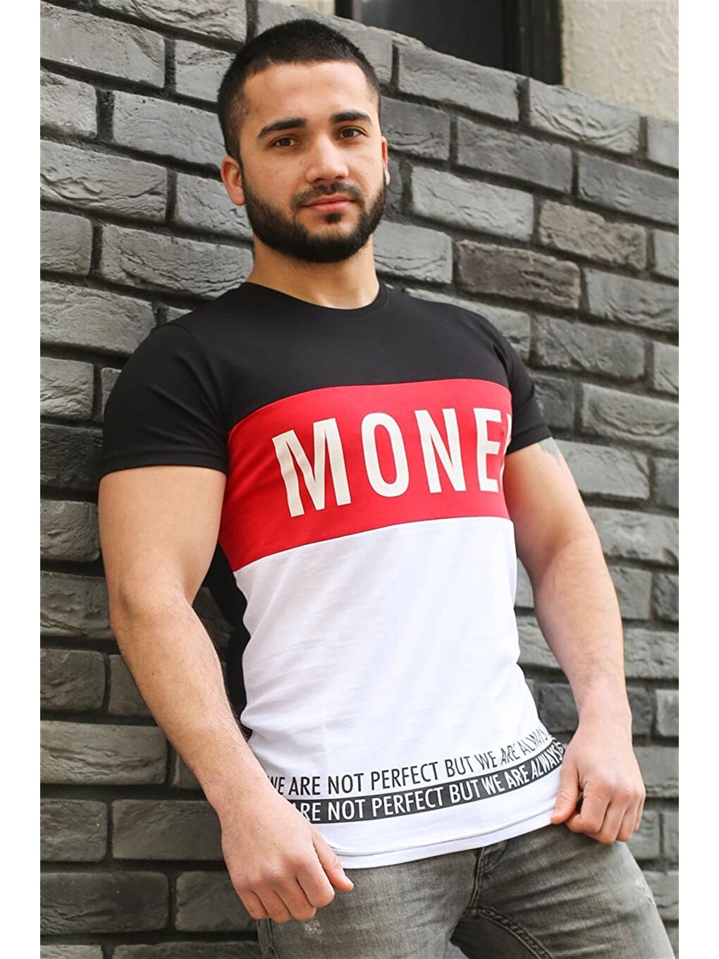 Renk Bloklu Yazı Detaylı Siyah %100 Pamuk Tişört 3077-1